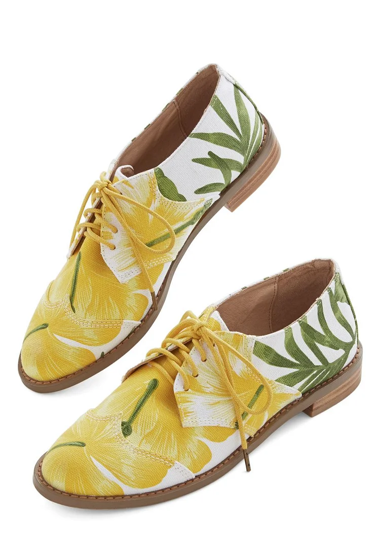 Yellow and Green Floral Oxford Lace-Up Shoes Vdcoo