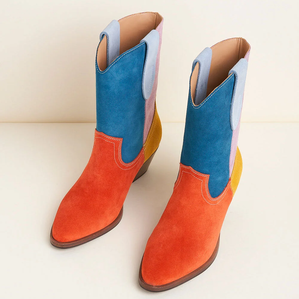 Stylish Color Block Round Toe Chunky Heel Short Cowgirl Boots
