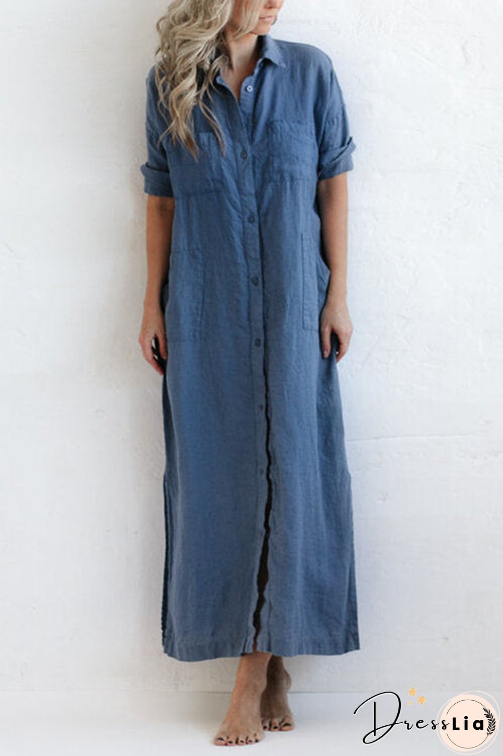 Linen Button Pockets Shirt Maxi Dress
