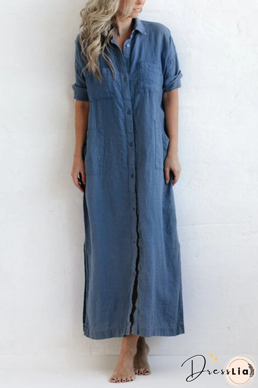 Linen Button Pockets Shirt Maxi Dress