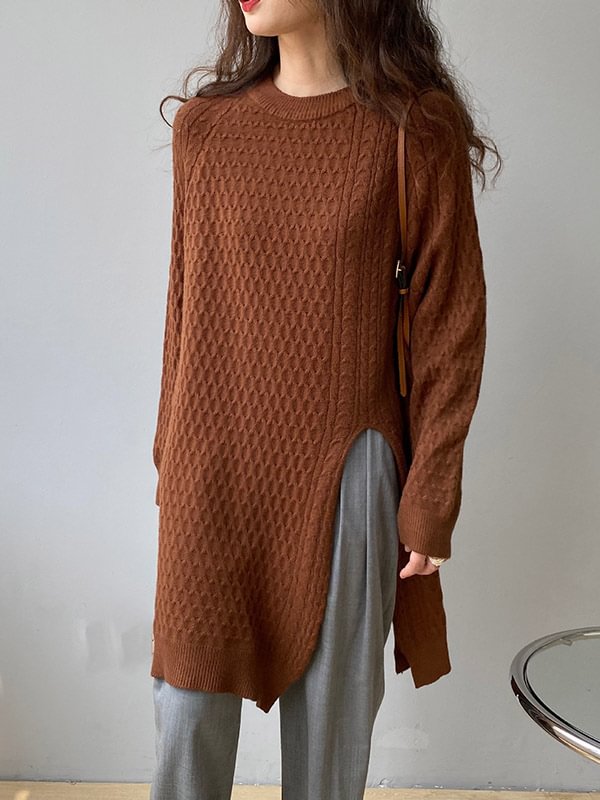 Oversize fitted Double Take Side Slit Round Neck Long Sleeve Sweater