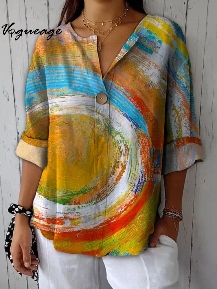 Gentle And Bright Circular Color Strip Splicing Printed Cotton And Linen Shirt
