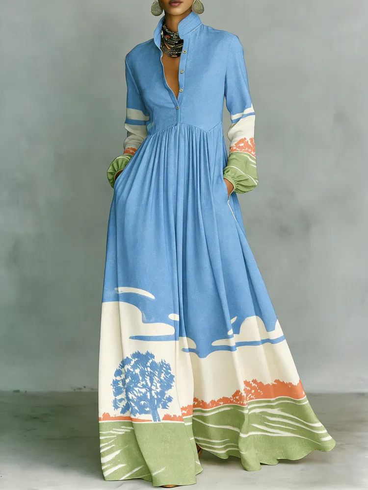 Women's Vintage print Elegant Romantic Vacation Maxi Dress