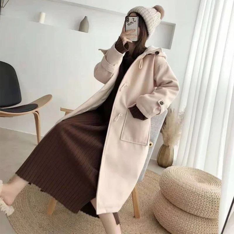 2021 Autumn And Winter New Korean Red Horn Button Tweed Coat Women's Middle Long Hooded Student's Woolen Coat