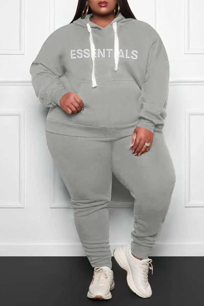 Grey Casual Print Patchwork Hooded Collar Plus Size Two Pieces | EGEMISS