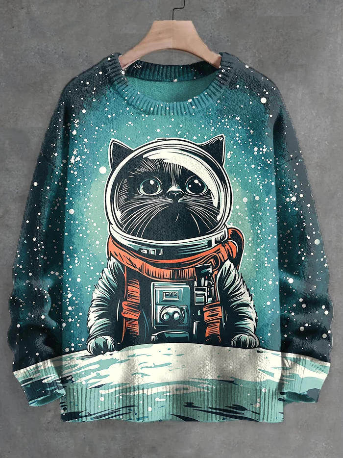 Men's Futuristic Sci-Fi Cat Astronaut Snow Print Knit Sweatshirt