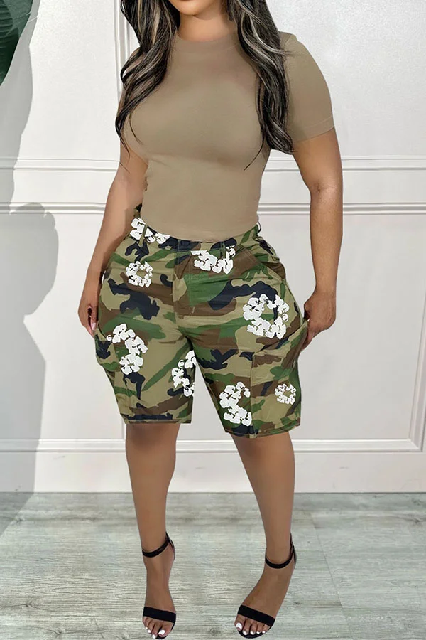 Floral Print Cozy Multi Pocket Camouflage Shorts
