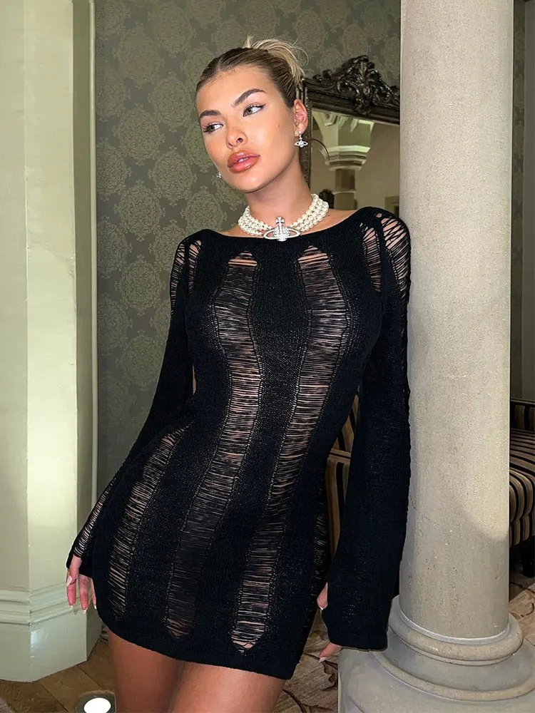 Jacuqeline Summer 2022 Sexy Backless Mini Dress Women Long Sleeve Bodycon Dresses Hollow Out Beach Outfits Party Club Clothes