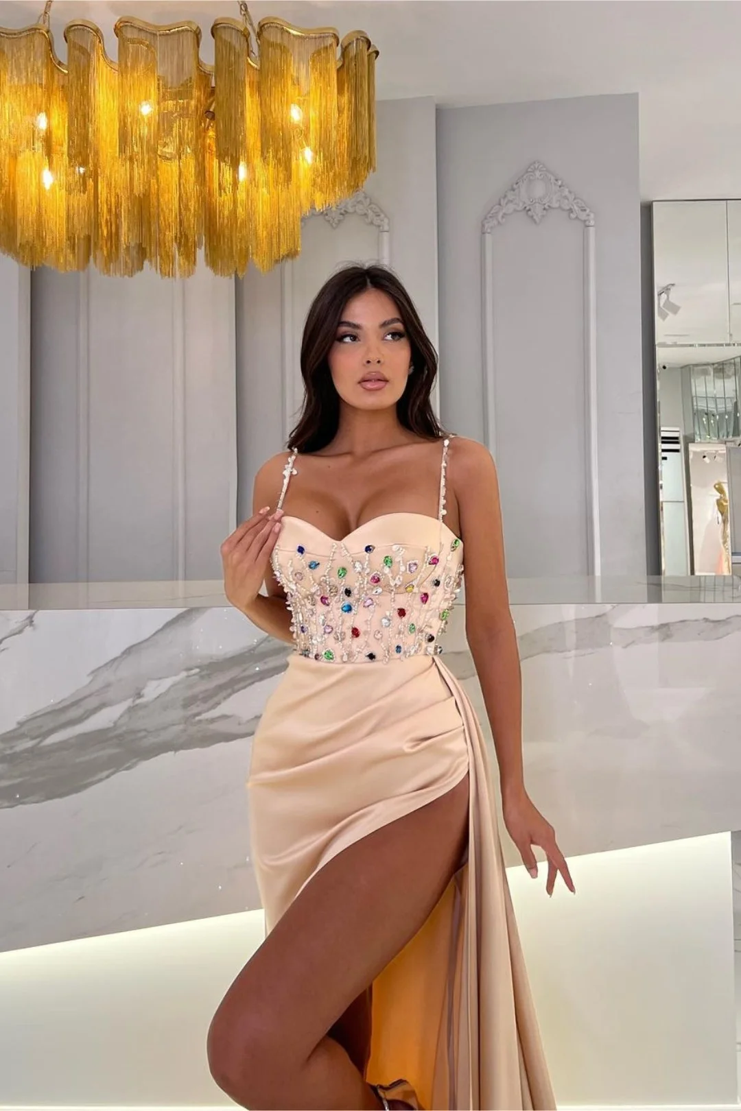 Lisliy Long Prom Dress Princess With Rhinstone Spaghetti Strap Slit 