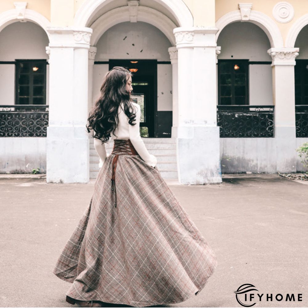 Women Checkered Skirts Vintage High Waisted Button Long Maxi Cotton-Blend Drawstring Skirts | IFYHOME