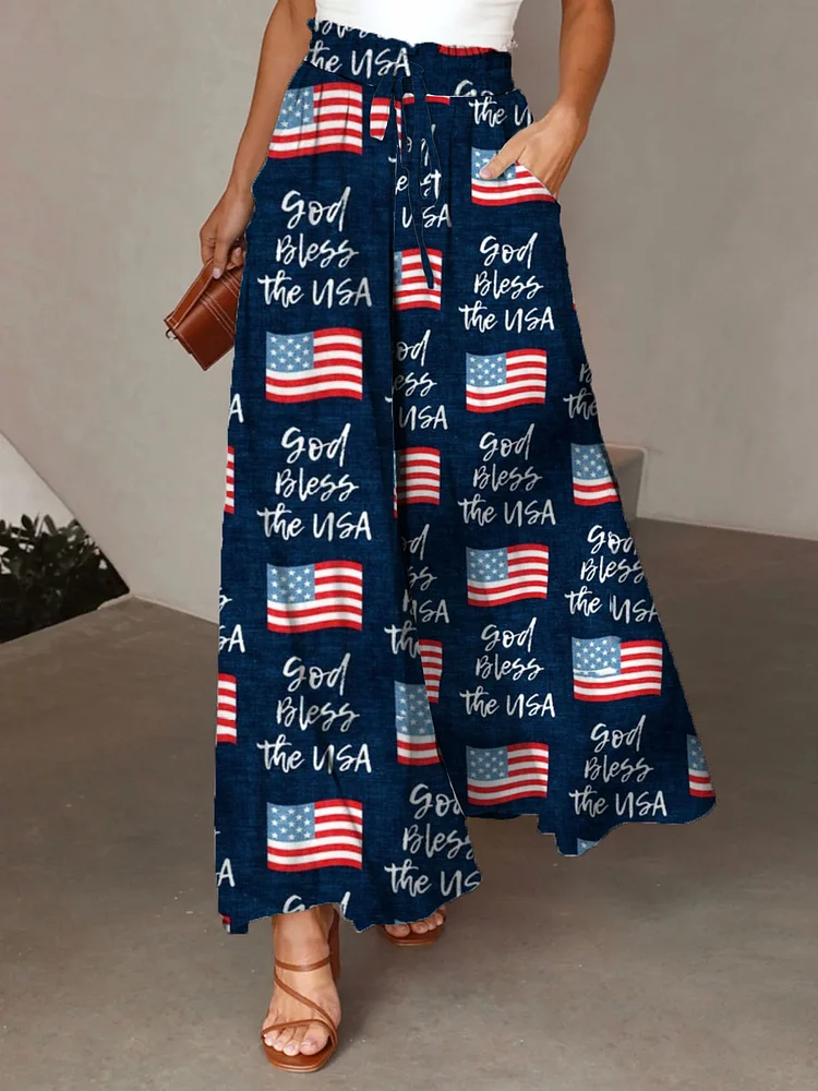 Women's Independence Day Themed American Flag Print Wide Leg Pants