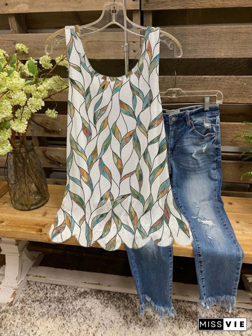 Vintage Printed Crew Neck Tops