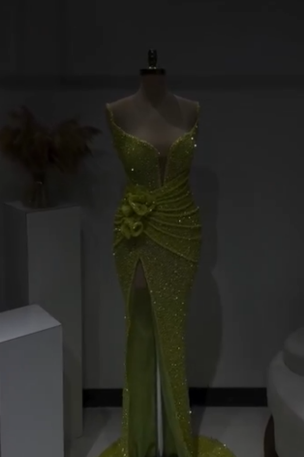 Gorgeous Sage Sequins Split Evening Dress INS0006