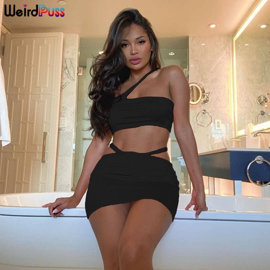 Weird Puss One Shoulder 3 Piece Set Women Sexy Vacation Outfits Strapless Top+Briefs+Mini Skirt Skinny Party Matching Clubwear
