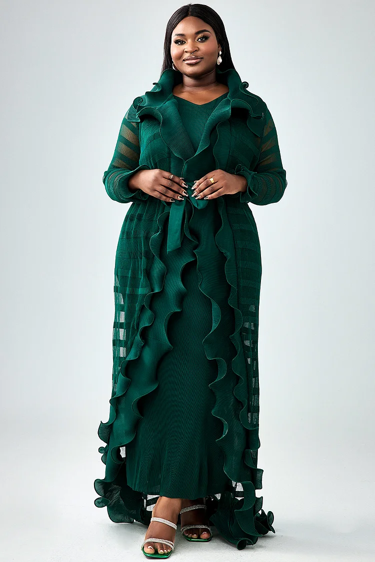 Xpluswear Design Plus Size Semi Formal Dress Set Green See-Through Ruffle Knitted Two Piece Maxi Dress Set 