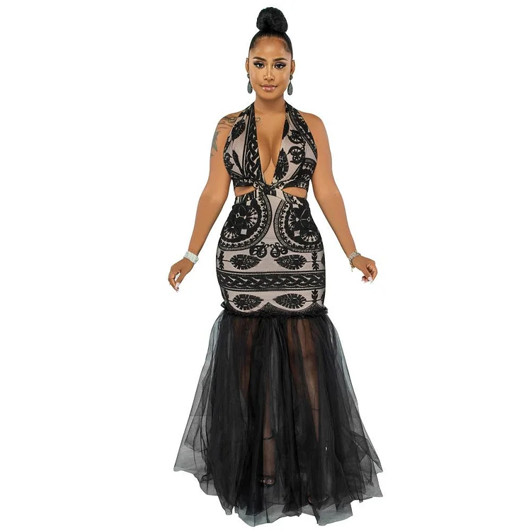 Promsstyle Halter neck sleeveless net gauze fishtail printed evening dress Prom Dress 2023