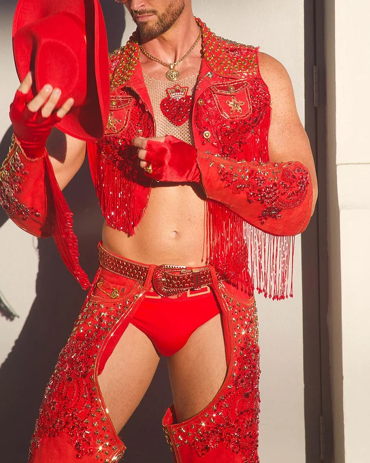 Men's Music Festival Stage Wear Handmade Beaded Two-piece Set