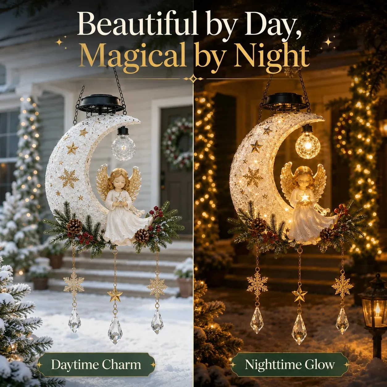 Angel Moon Christmas light daytime and nighttime comparison