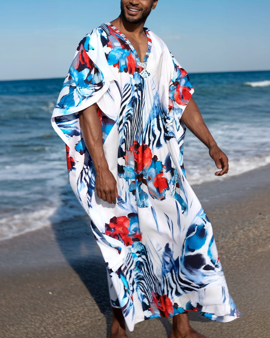 Men's Classic Color V-neck Long Kaftan Caftan