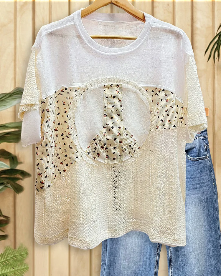 Peace Applique On-trend Round Neck Mixed Patchwork T-Shirt