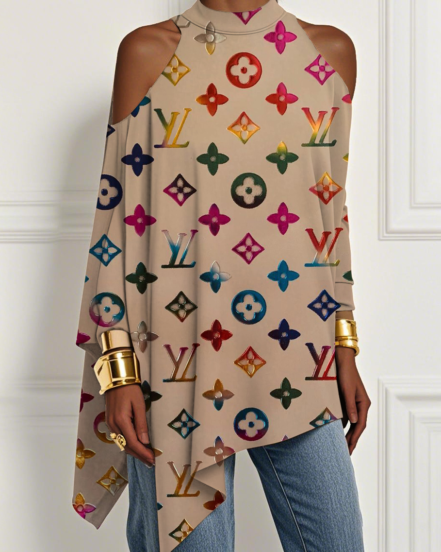 Colorful Flower Letters Irregular Off-shoulder Top