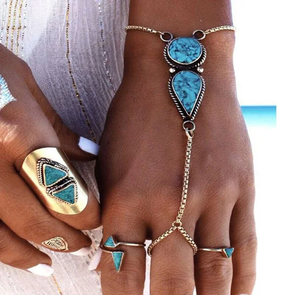Lady Boho Retro Turquoise Slave Chain Ring Bracelet Hand Harness Jewelry Fashion