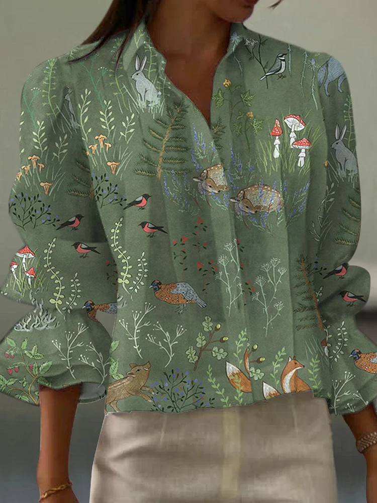 Women's  Forest Animal Vintage Art Print Casual Short Sleeve Cotton And Linen Shirt