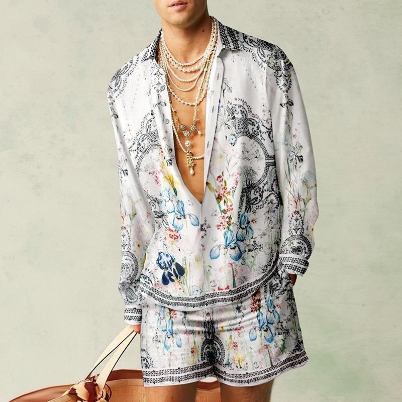 Thoval Fashion 3D Print Two Piece Set Men Long Sleeve Lapel Shirts And Shorts Casual Loose Suits Summer Hawaiian Beach Outfits Male