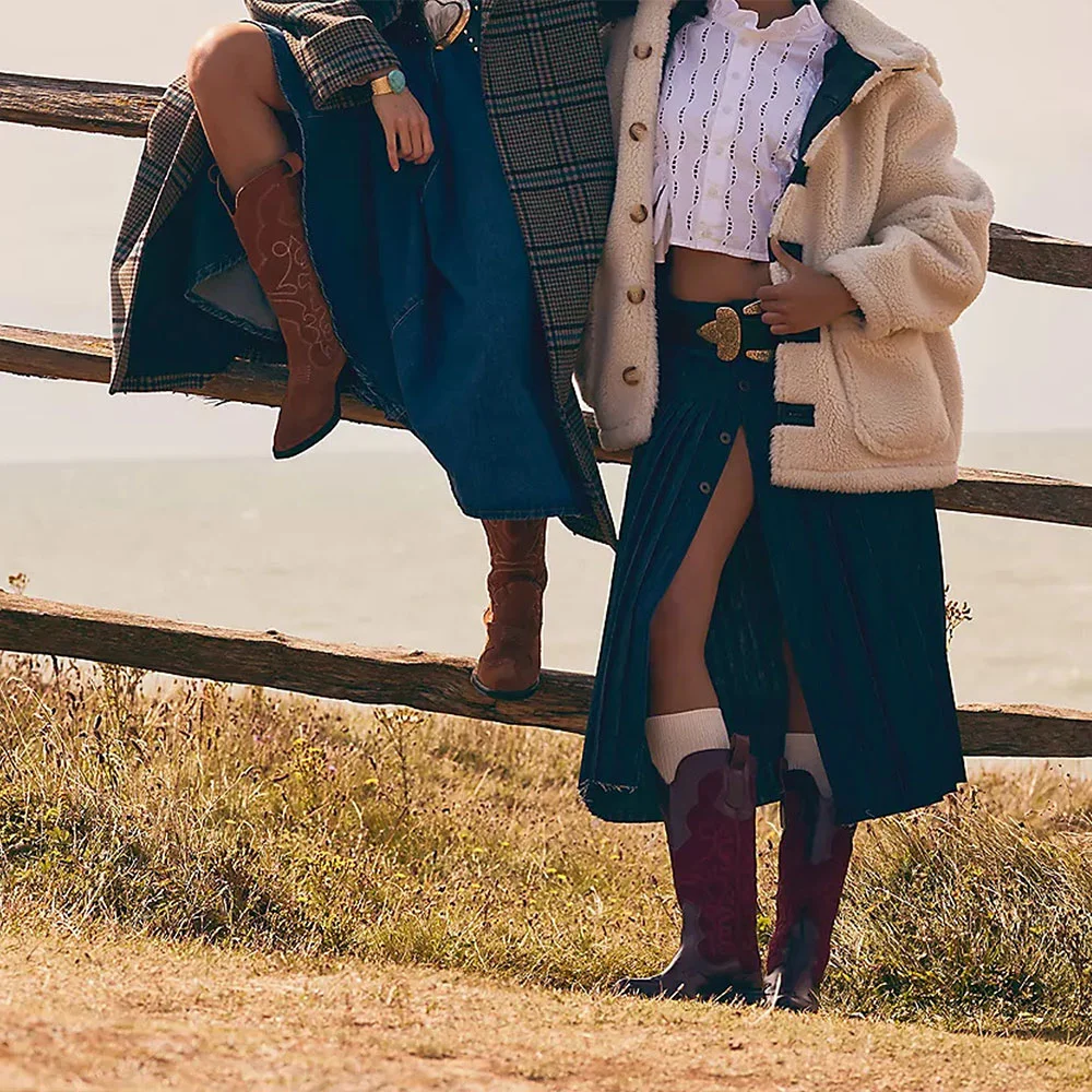 Maroon Patchwork Snip Toe Low Heel Cowgirl Boots with Embroidery