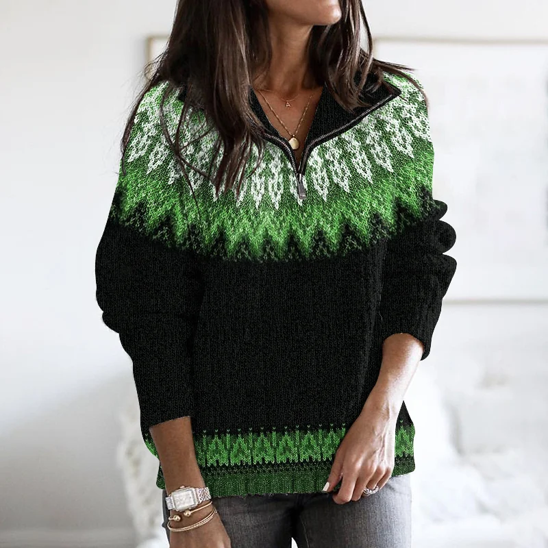 Vintage Tribal Icelandic Pattern Stand Collar Zip Sweater