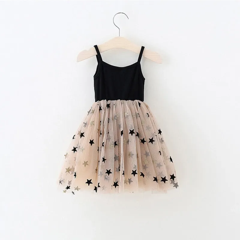 Sequins Star Tulle Dress for Girl Summer Sleeveless Knitted Dresses Christmas Party Vestidos Baby Children Birthday Clothing
