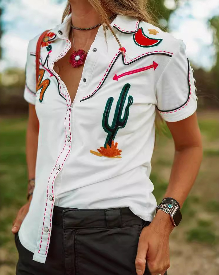 Colorful Embroidery Short Sleeve Lapel Western Shirt