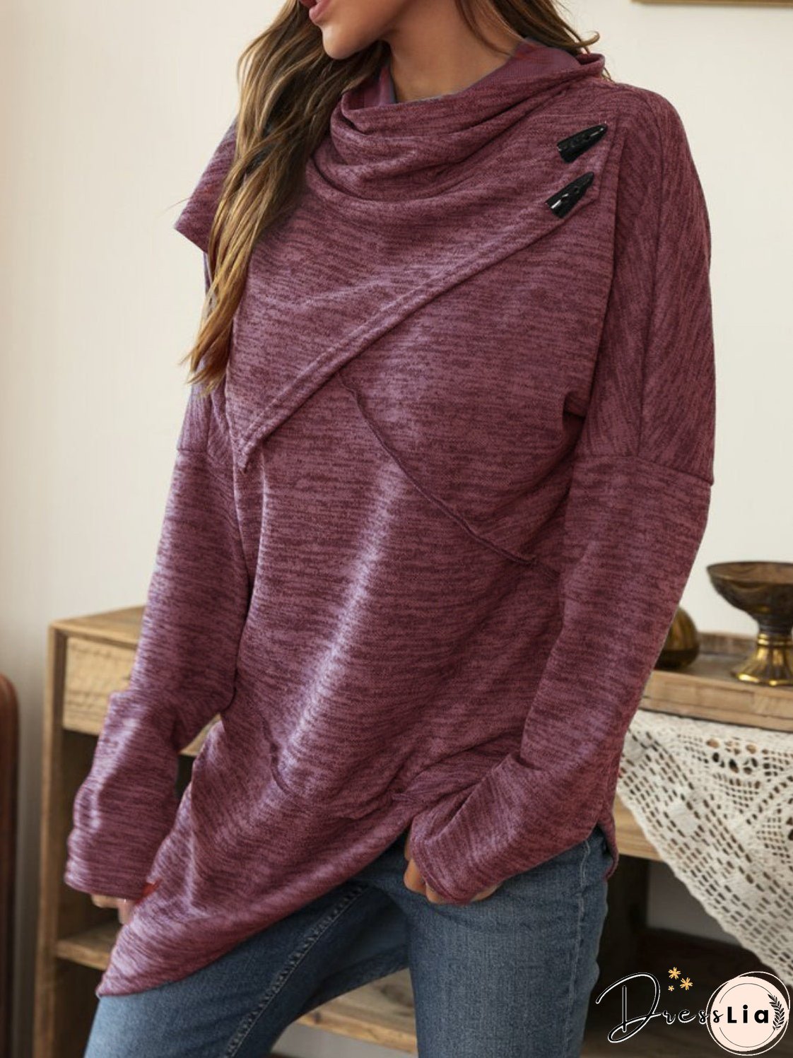 Asymmetrical Hem Cowl Neck Long Sleeve T-Shirt