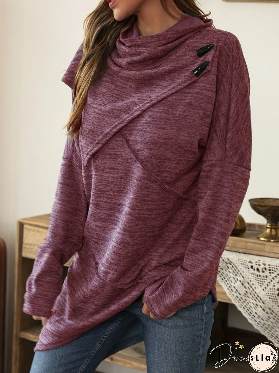 Asymmetrical Hem Cowl Neck Long Sleeve T-Shirt