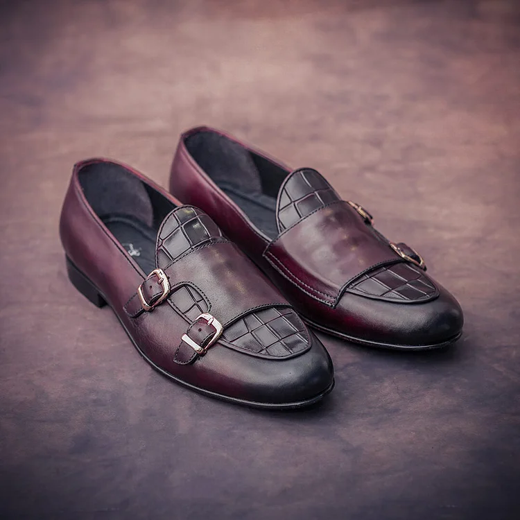 Handmade Men double monk leather Dress shoes, Penny Loafer shoes