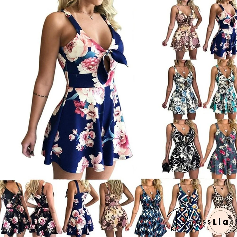 Womens Straps Chest Bow Tie Printed Loose Romper Dress Jumpsuit Shorts Off Shoulder Slim Beauty Beach Dress Shorts Strap Playsuit