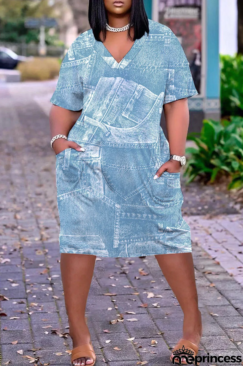 Orange Red Casual Print Patchwork Basic V Neck Short Sleeve Dress