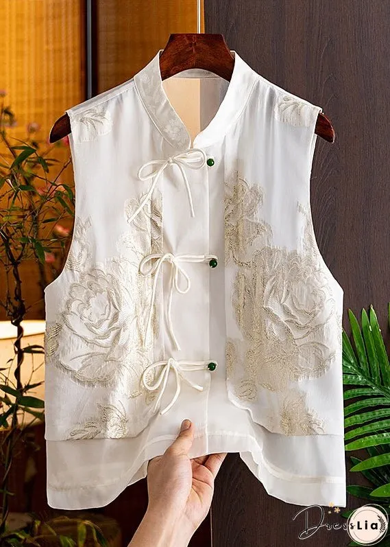 Handmade Black Stand Collar Embroideried Button Silk Cardigans Sleeveless