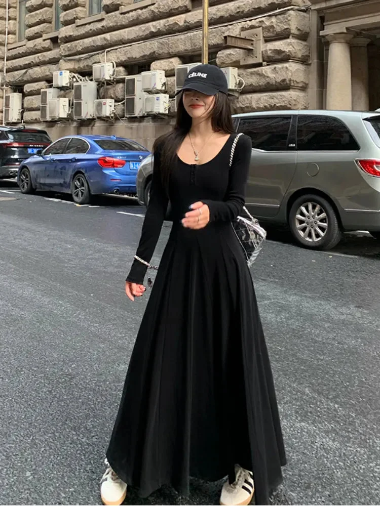 Tlbang New Korean Women's Retro Black Long Sleeve Knit Slim Dress Elegant and Stylish Party Dresses Fall Casual Dresses