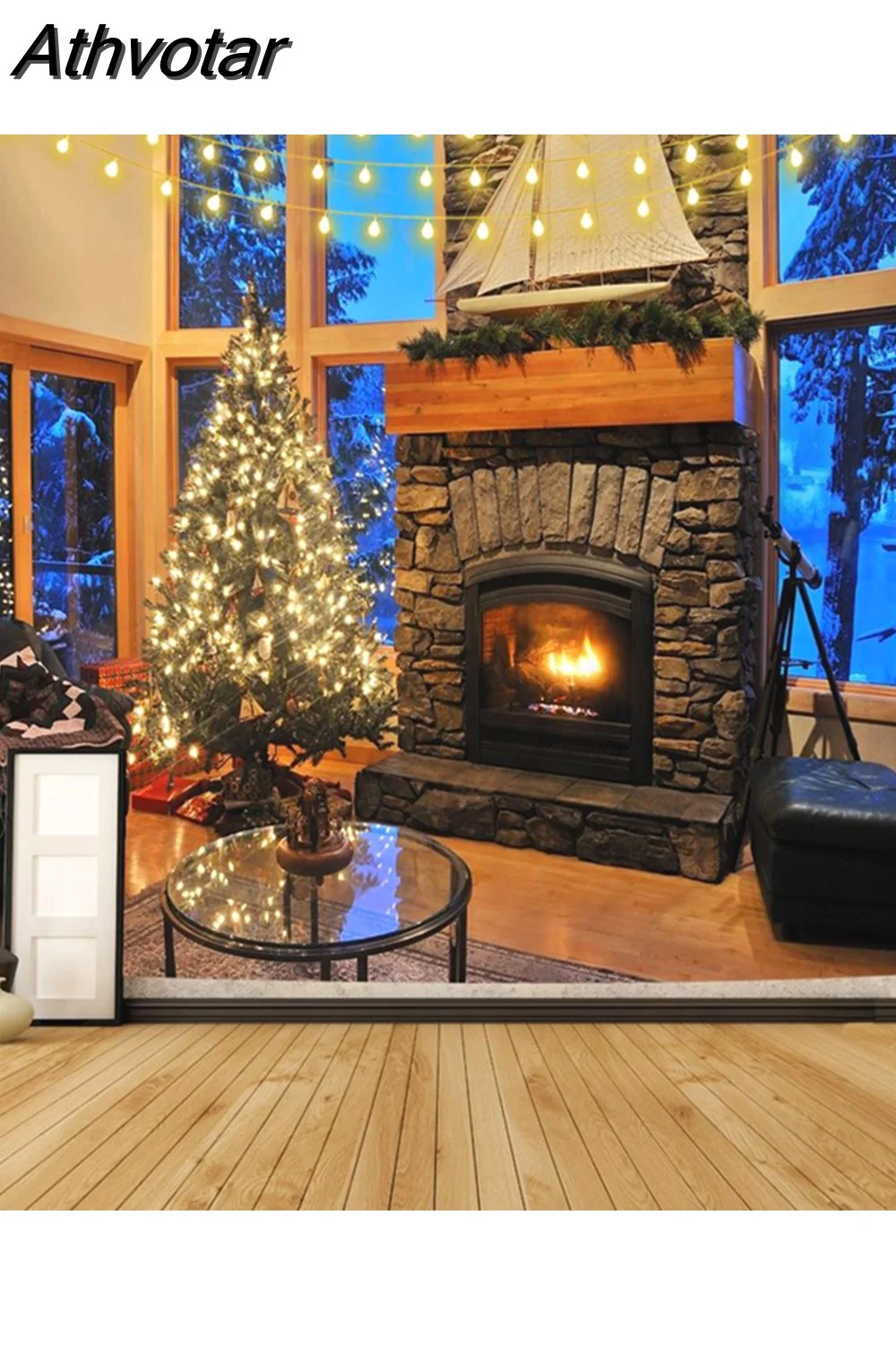 Athvotar Happy New Year Tapestry Christmas Fireplace Wall Hanging Cloth Home Background Bedroom Bedside Decorative Xmas Tree Tapiz