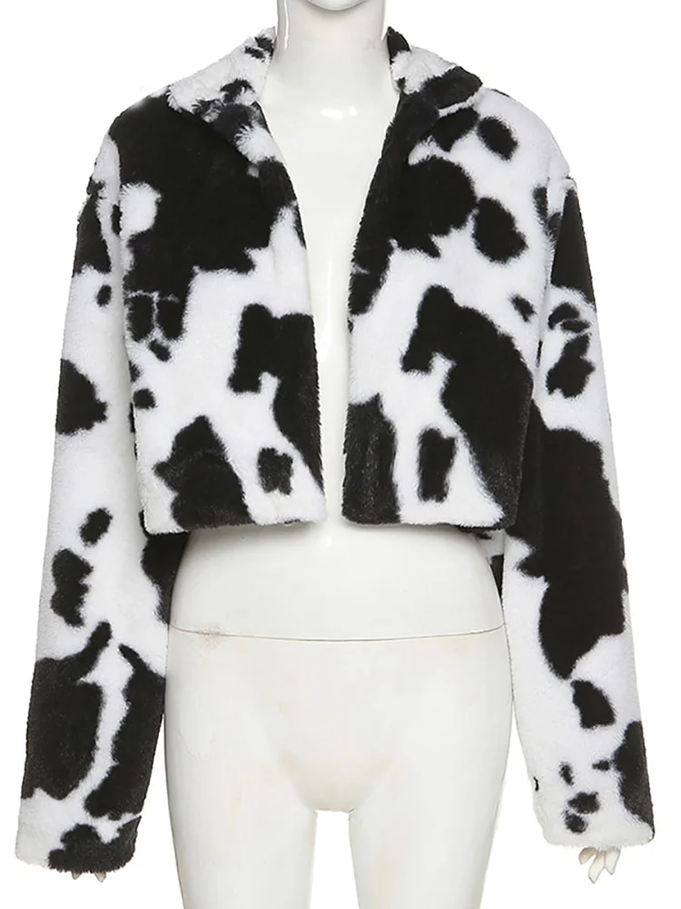Goth Lapel Cow Printed Long Sleeve Faux Fur Crop Coat