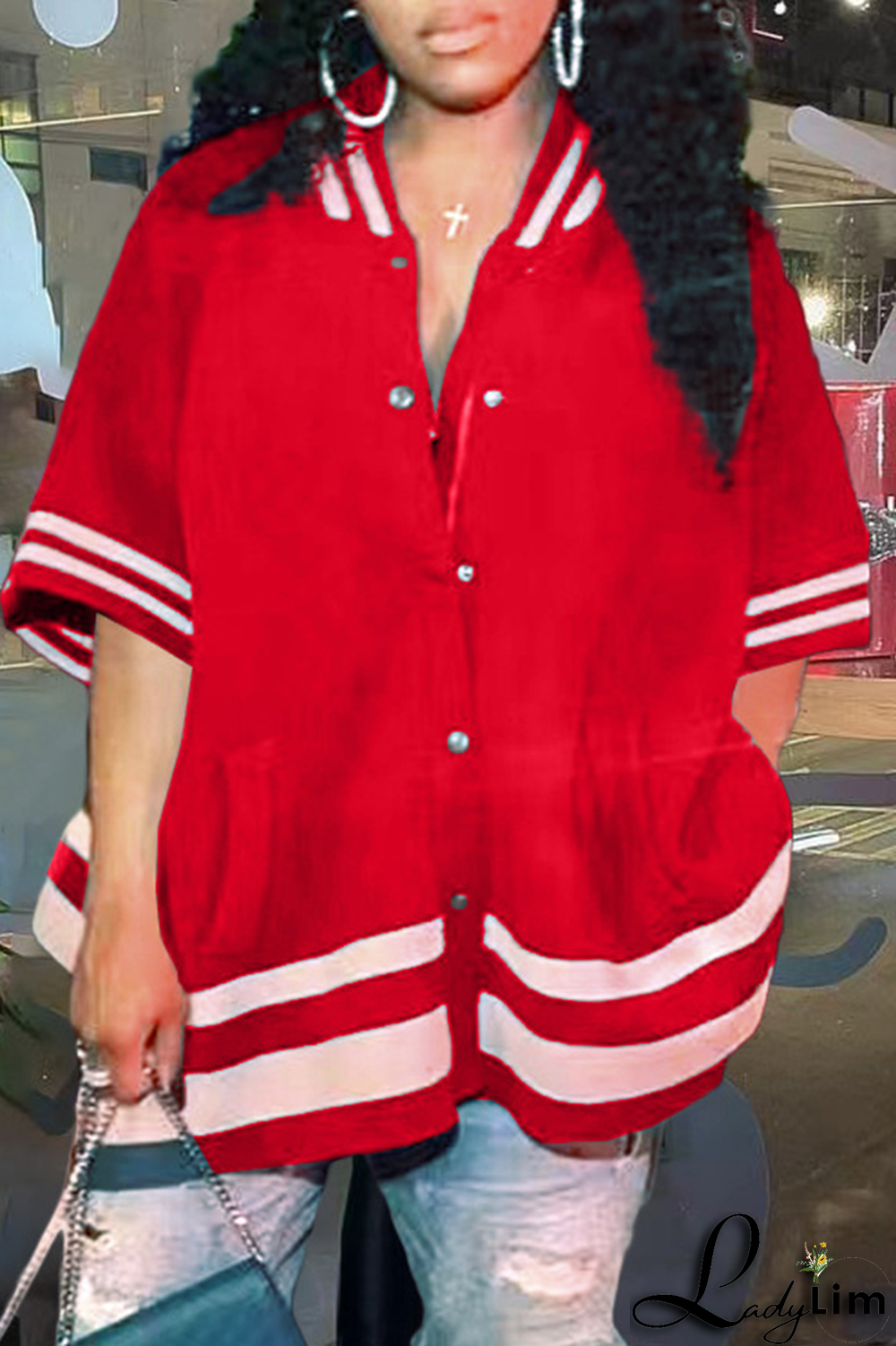 Red Fashion Solid Buckle Mandarin Collar Outerwear