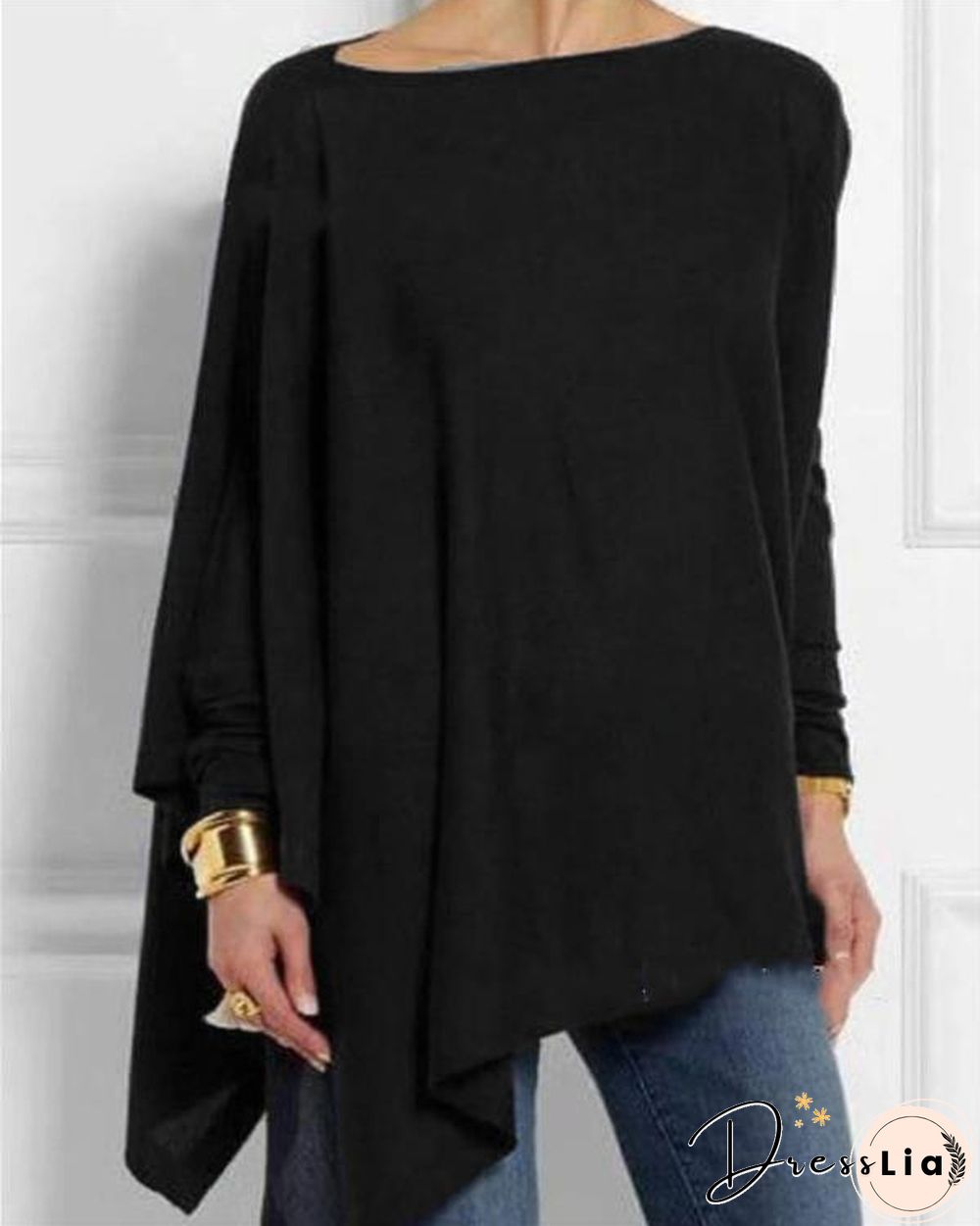 Solid Long Sleeve Crew Neck Casual Irregular Blouses Tops
