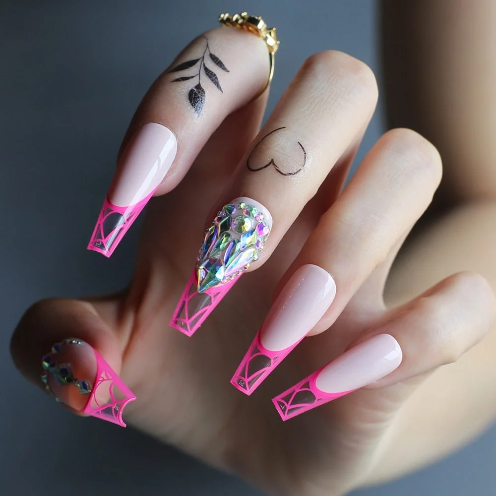 Pink French Spider web extra Gel Luxury crystal fasle nails Ballet Art Press on nails Nude clear artificial coffin fake nails-Nail Inspo