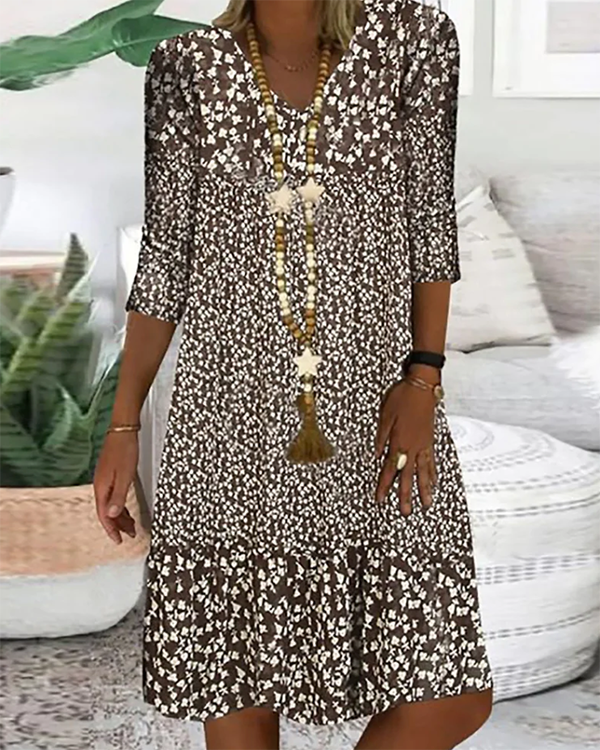 Casual Printed Long Sleeve V-Neck Midi Dress