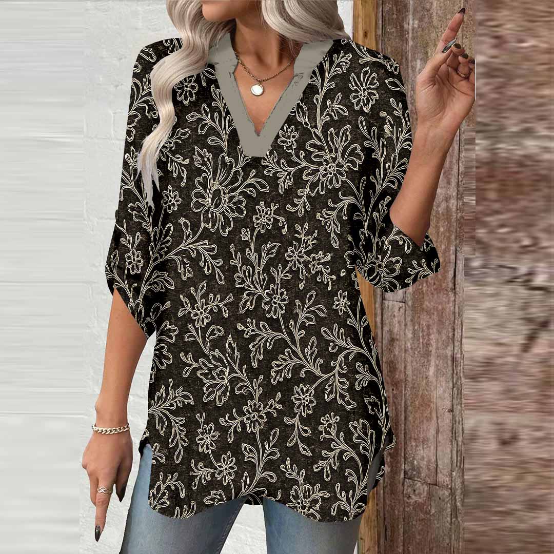 Women Floral, Black, White DZGA0108 3/4 Sleeve V-neck Printed Graphic Button Tops