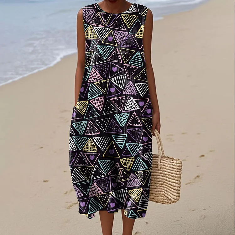 Women's Vintage Geometric Art Print Sleeveless Cotton Pocket Wrap Dress