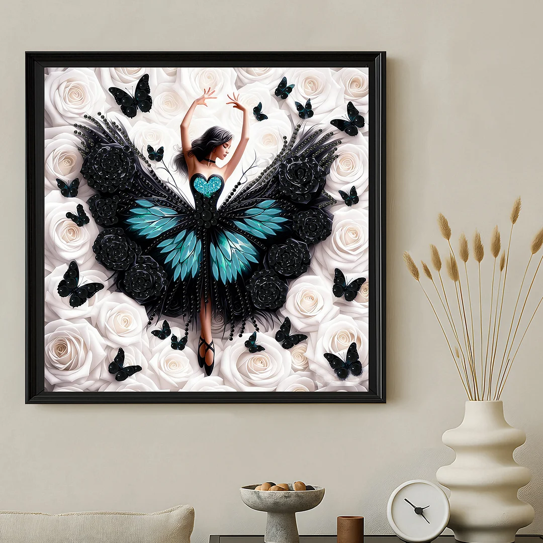 Diamond Painting - Partial Special Shaped Drill - Black Butterfly Girl(Canvas|30x30cm)