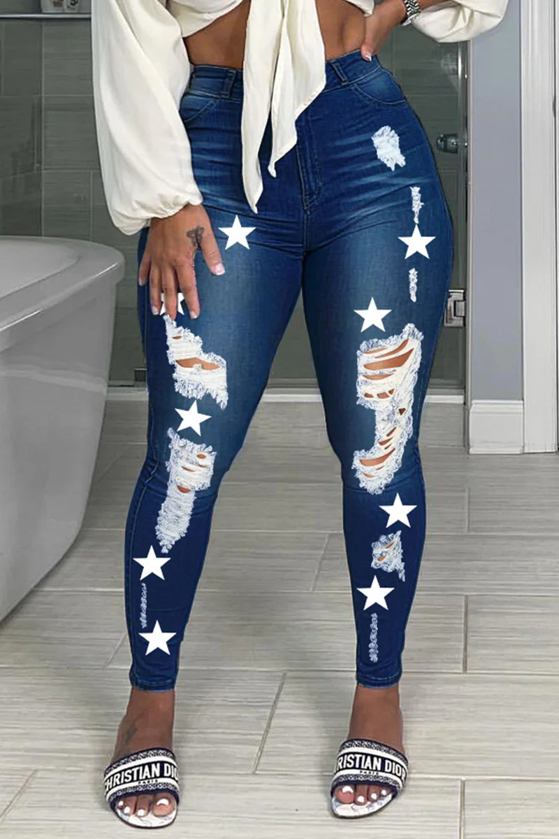 Dark Blue Casual Street Print Ripped Patchwork High Waist Denim Jeans | EGEMISS