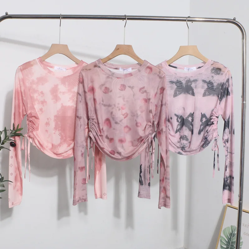 Uveng Real Shooting 2024 Summer New Long-Sleeved Short-Sleeved T-Shirt Sun Protection Shirt Thin Perspective Tie-Dye Mesh Hooder 6928